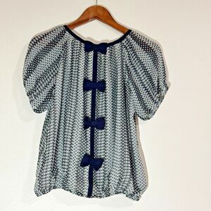 LALU Womens Top Blouse Medium Black Polka Dots Back Ribbon Shirt